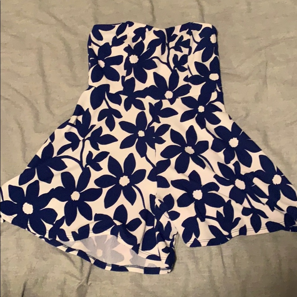 Blue and White Strapless Romper